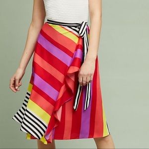 Striped vibrant wrap skirt with ruffle detail.
